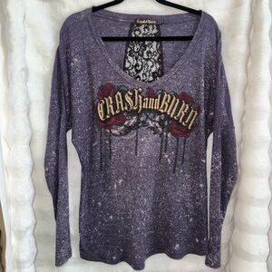 Crash & Burn Heather Purple Top with Black Lace Detail